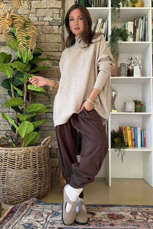 Charli Honeycomb Oversized Turtle Knit Oatmeal Marl